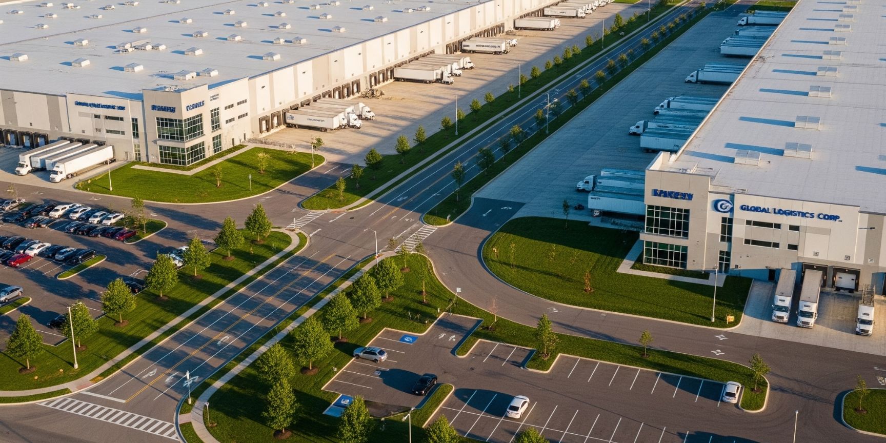 Großer Logistikpark aus der Vogelperspektive, der die moderne Infrastruktur mit mehreren Logistikimmobilien und LKW an den Laderampen zeigt.